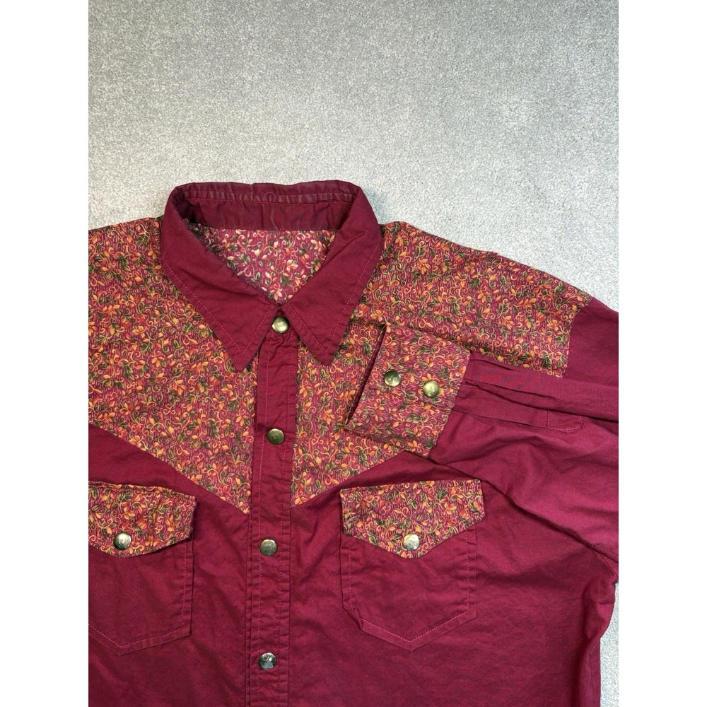 Vintage 1960s Western Snap Button Up Shirt Burgundy Floral Handmade Mens Large